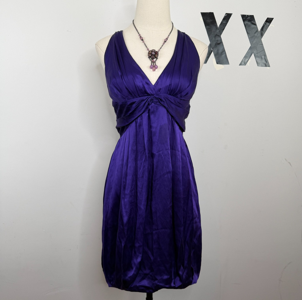Y2K Purple 100% Silk Draped Marilyn Halter Bubble Hem Cocktail Mini Dress 2 XS